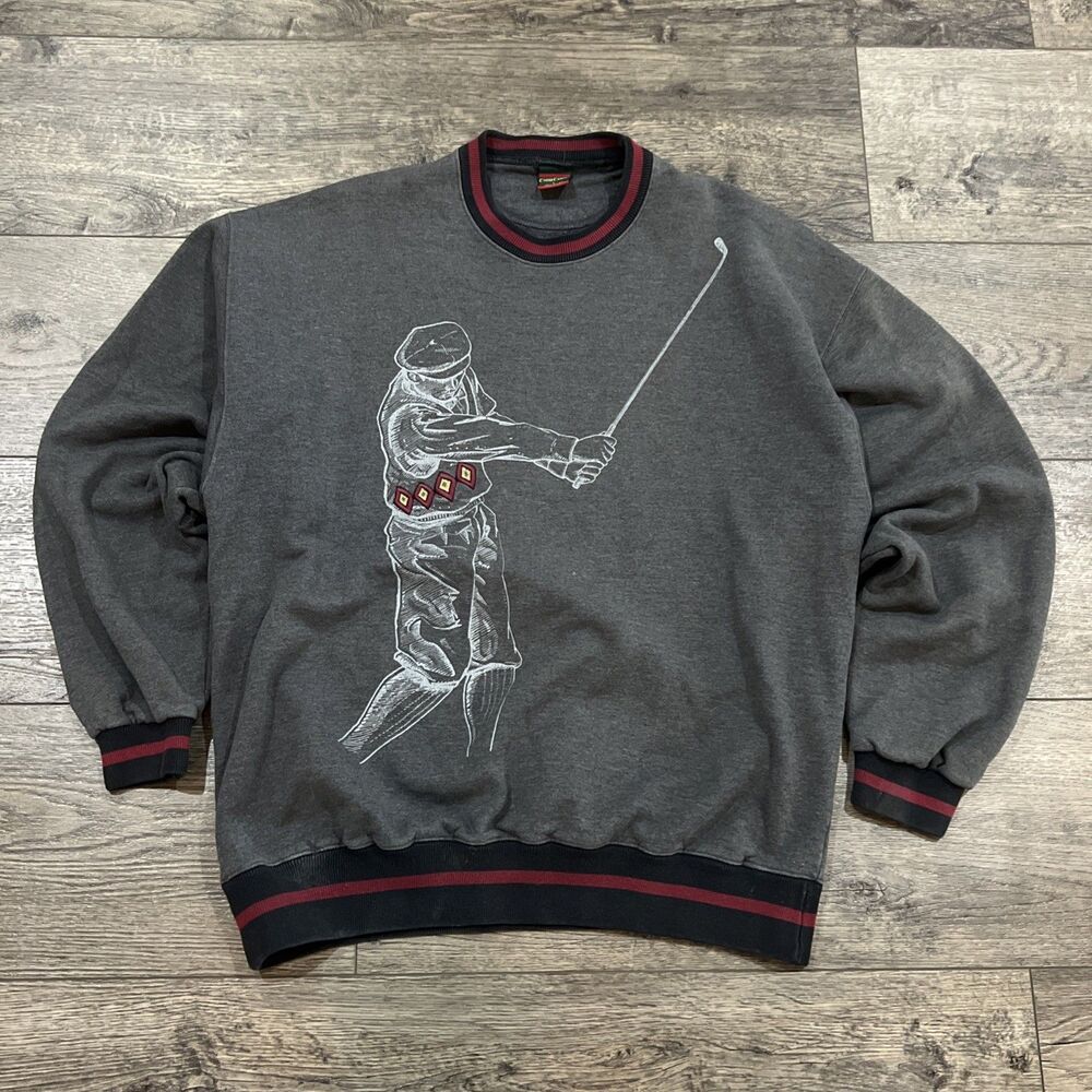 Vintage 90s Cross Creek Golfer Graphic Gray Sweatshirt Stripe Cuff Collar USA Lg